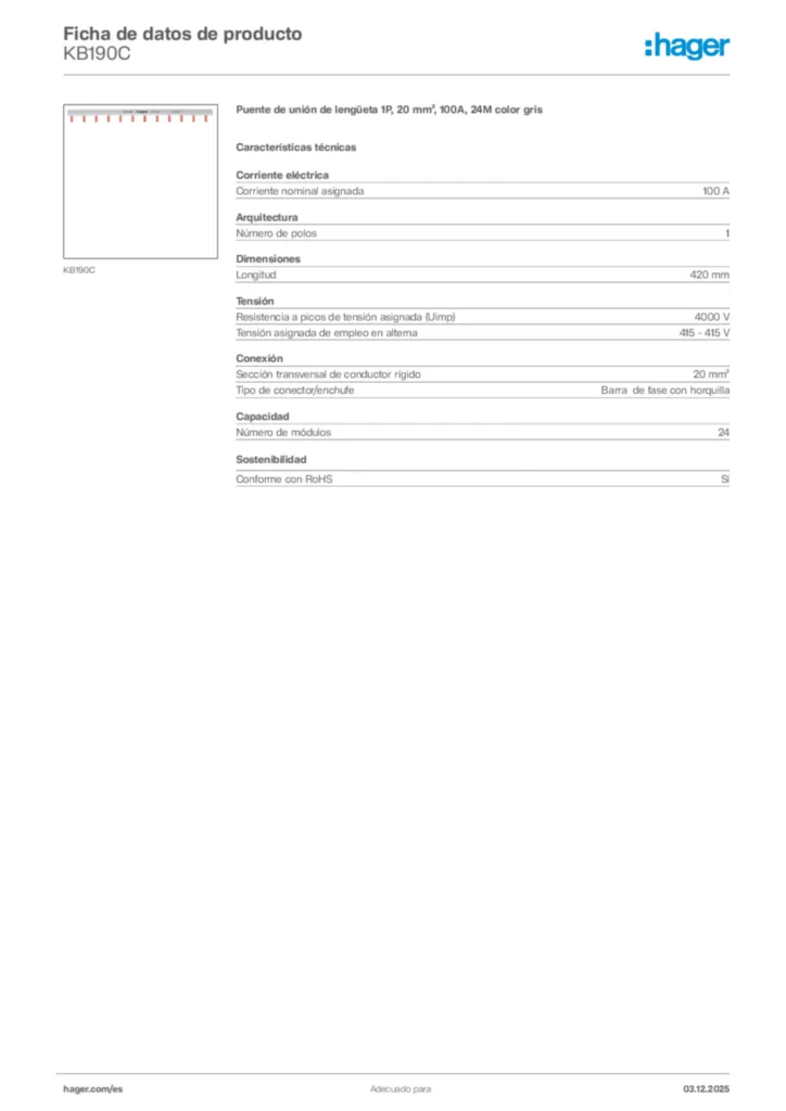 Imagen Hager Ficha de datos de producto KB190C | Hager España