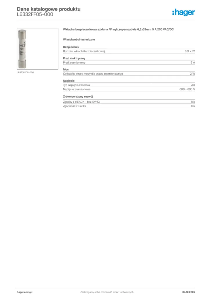 Zdjęcie Hager Karta katalogowa L6332FF05-000 | Hager Polska