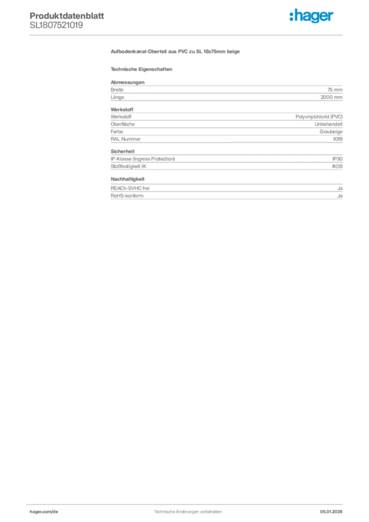 Bild Hager Produktdatenblatt SL1807521019 | Hager Deutschland