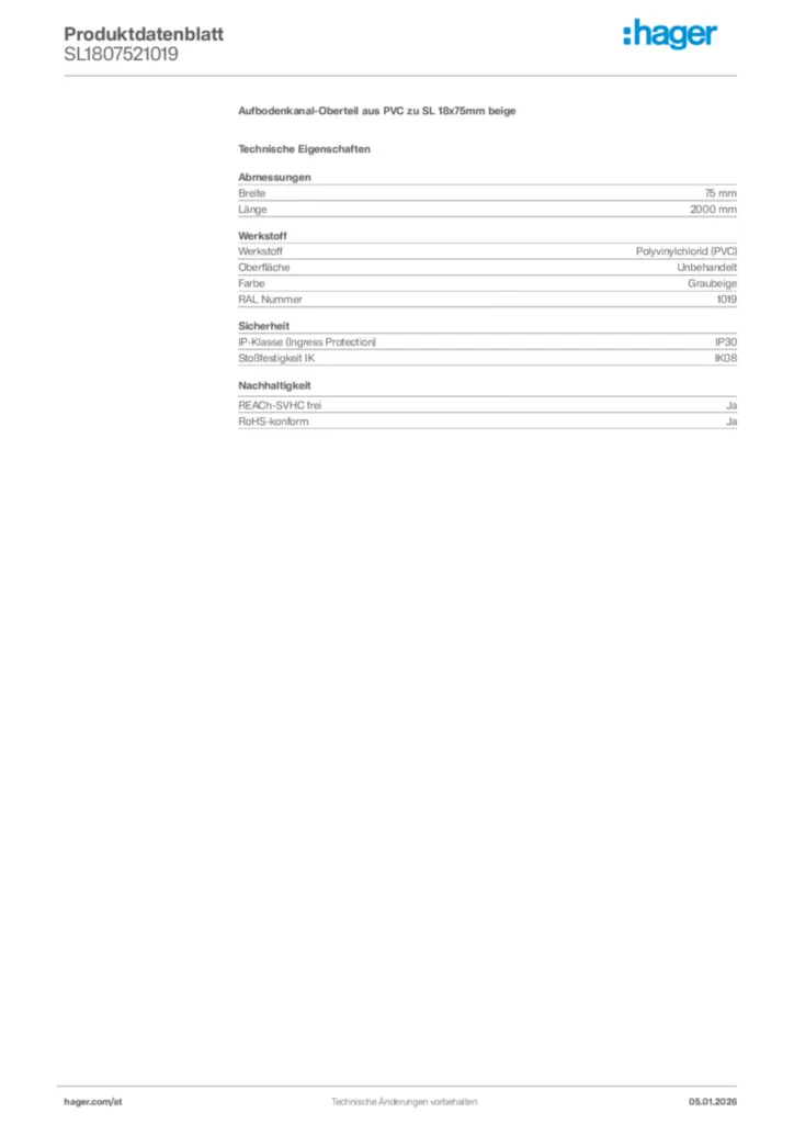 Bild Hager Produktdatenblatt SL1807521019 | Hager Deutschland