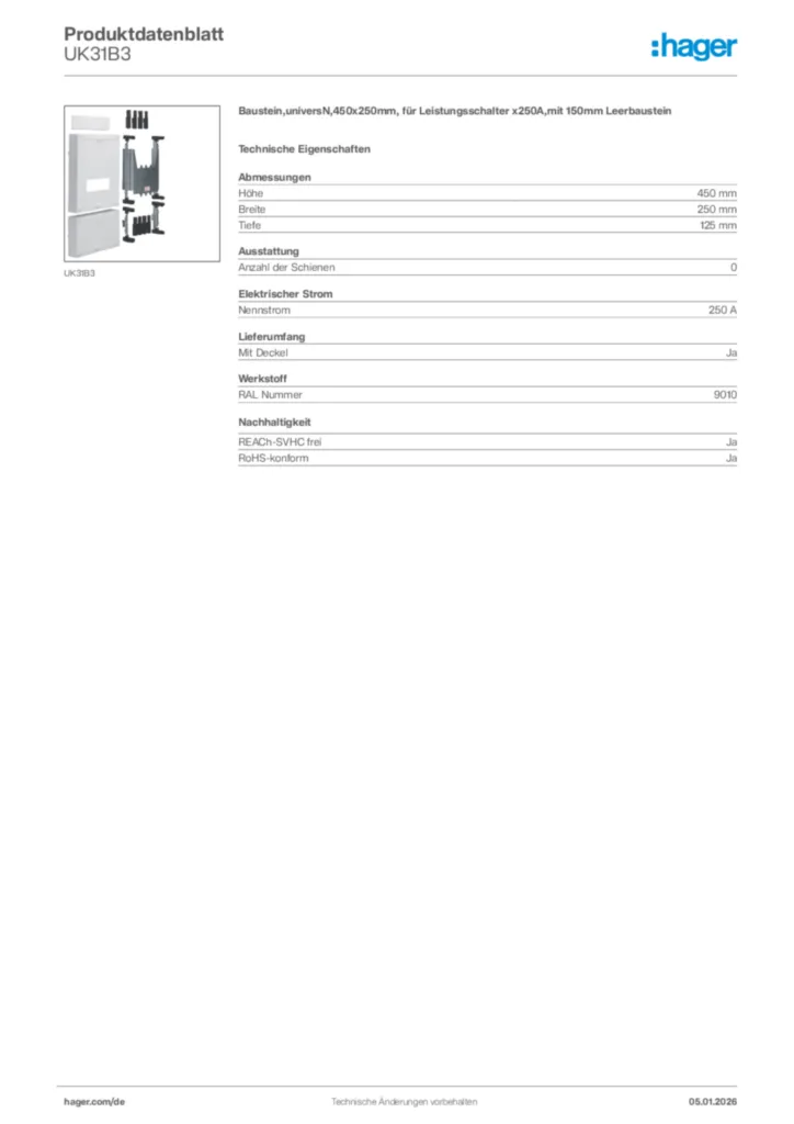Bild Hager Produktdatenblatt UK31B3 | Hager Deutschland
