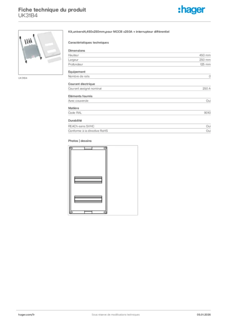 Image Hager Fiche technique du produit UK31B4 | Hager France