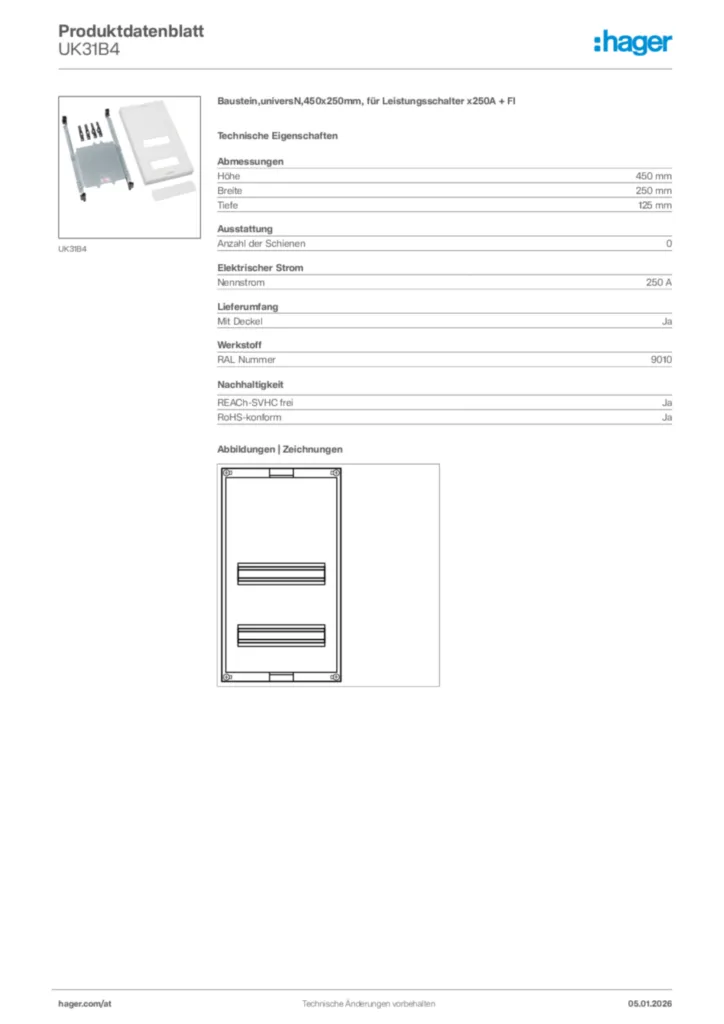 Bild Hager Produktdatenblatt UK31B4 | Hager Deutschland