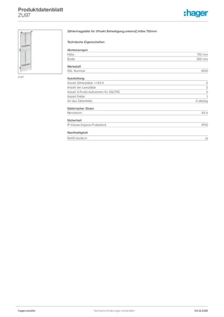 Bild Hager Produktdatenblatt ZU97 | Hager Deutschland