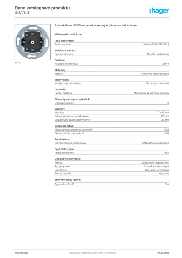 Zdjęcie Hager Dane katalogowe produktu 387703 | Hager Polska