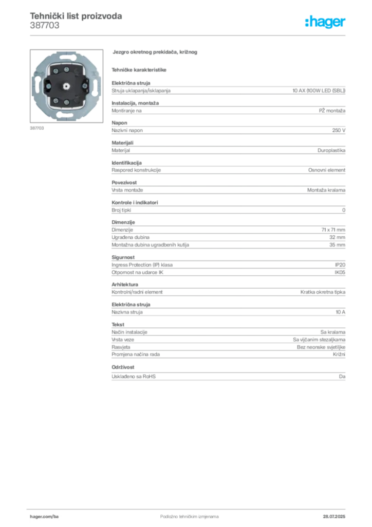 Slika Hager Product data sheet 387703  | Hager
