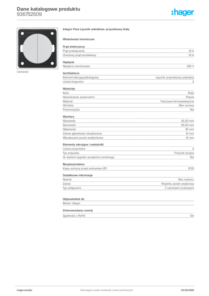 Zdjęcie Hager Dane katalogowe produktu 936752509 | Hager Polska