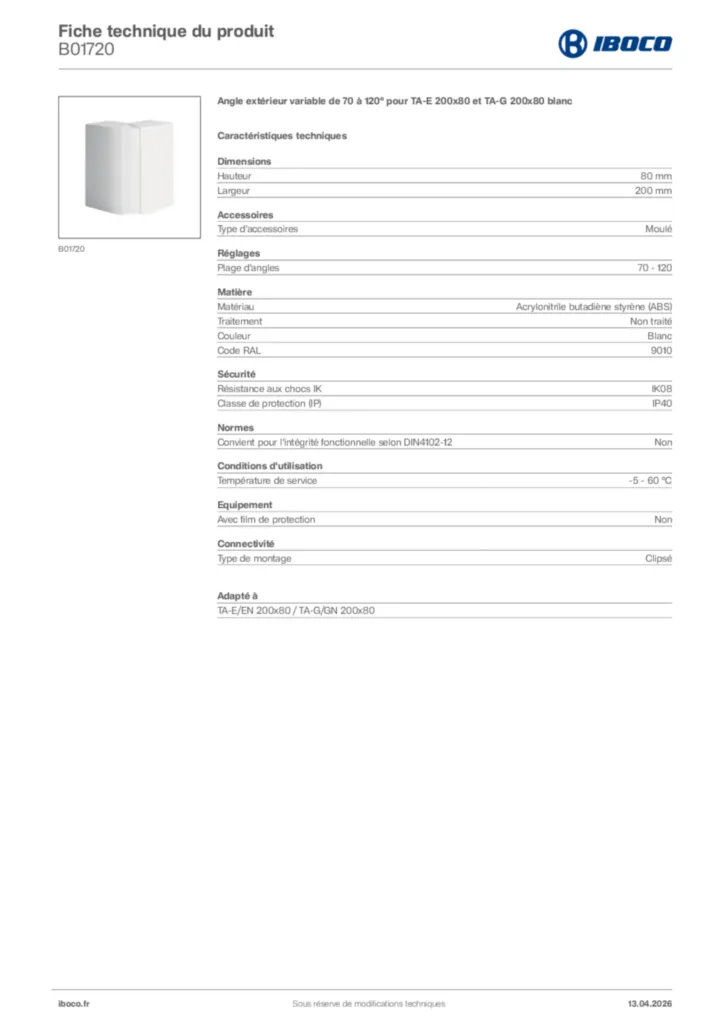 Image Iboco Fiche technique du produit B01720 | Hager France