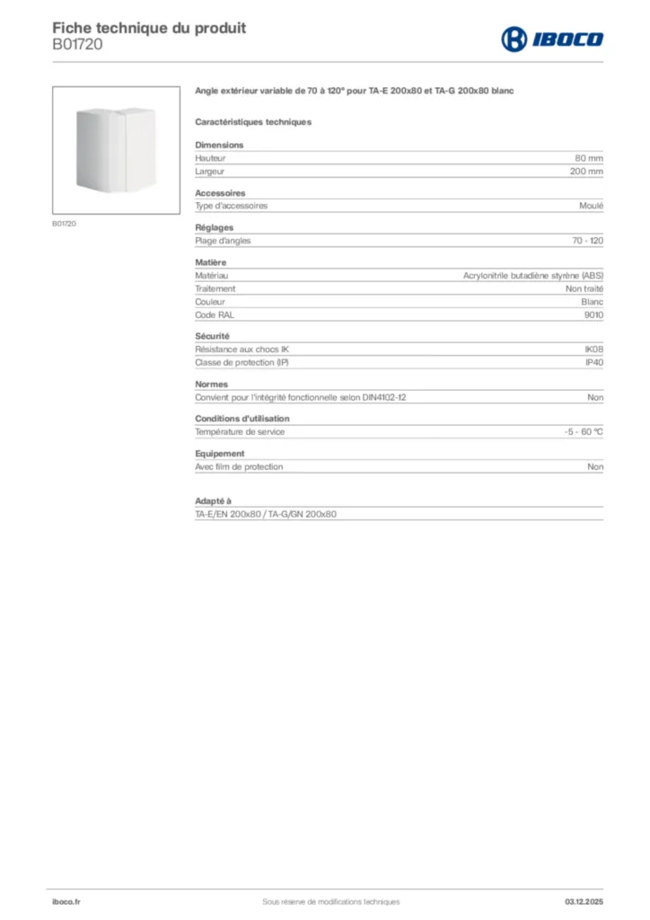 Image Iboco Fiche technique du produit B01720 | Hager France