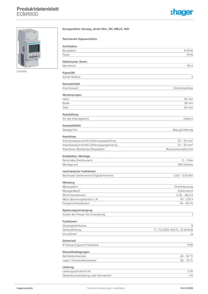 Hager Produktdatenblatt ECM180D