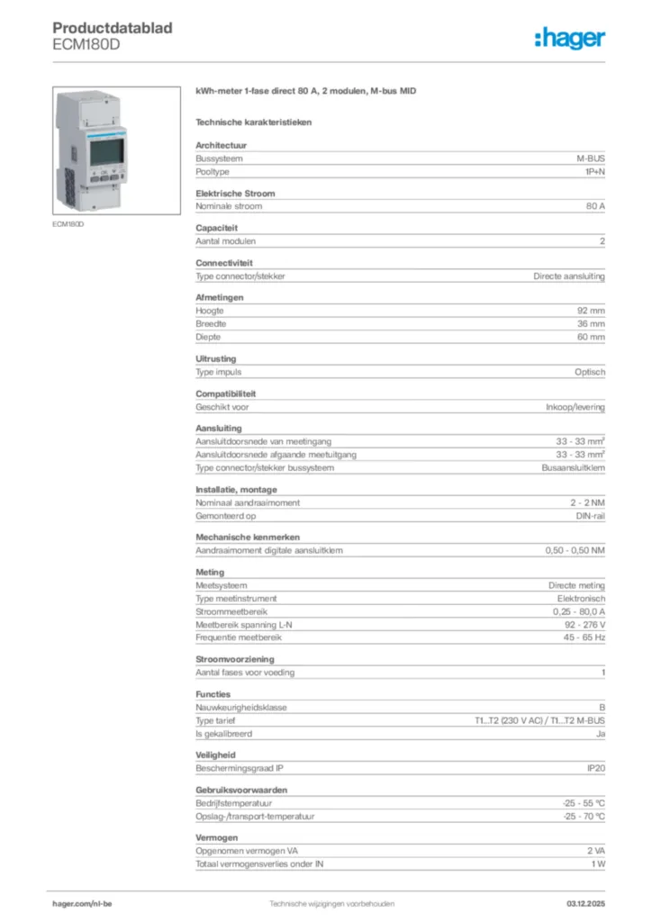 Afbeelding Hager Productdatablad ECM180D | Hager Belgium