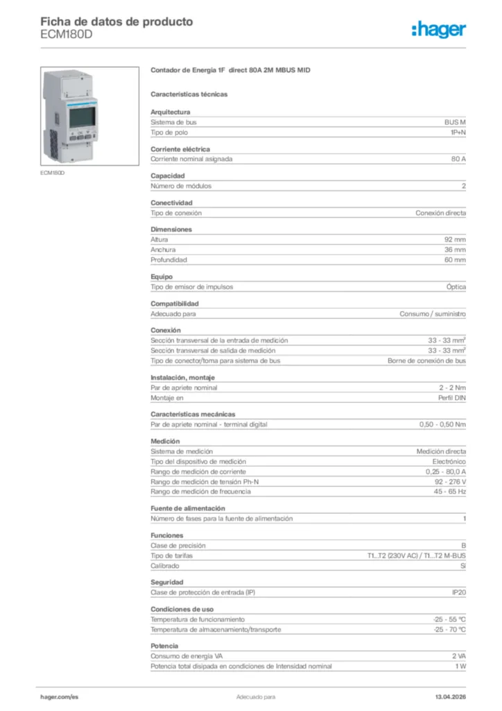 Imagen Hager Ficha de datos de producto ECM180D | Hager España
