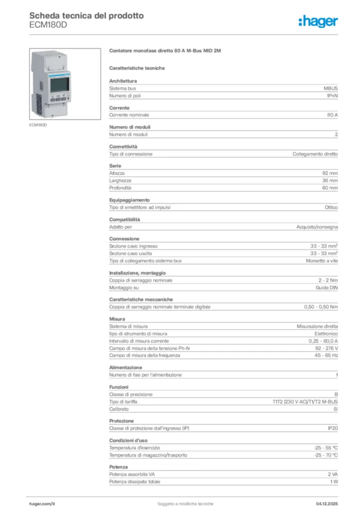 Immagine Hager Scheda tecnica del prodotto ECM180D | Hager Italia