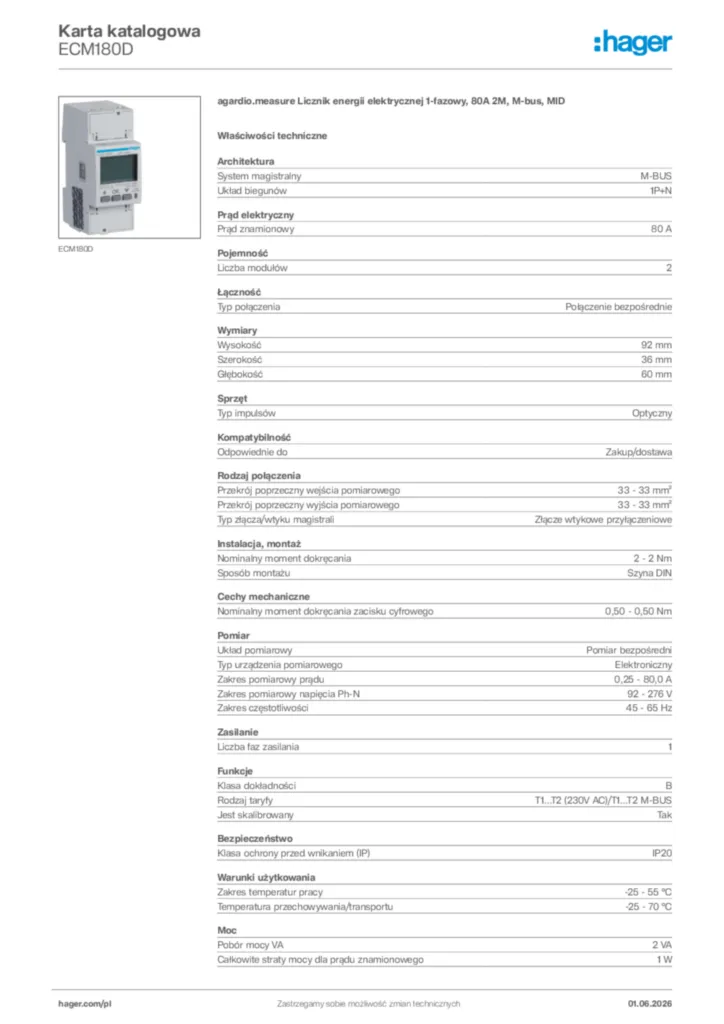 Zdjęcie Hager Karta katalogowa ECM180D | Hager Polska