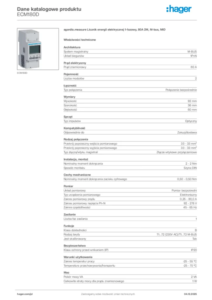 Zdjęcie Hager Karta katalogowa ECM180D | Hager Polska