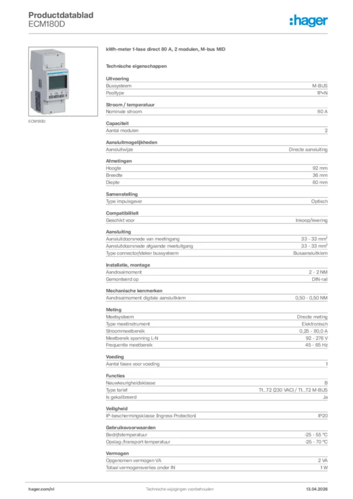 Afbeelding Hager Productdatablad ECM180D | Hager Nederland