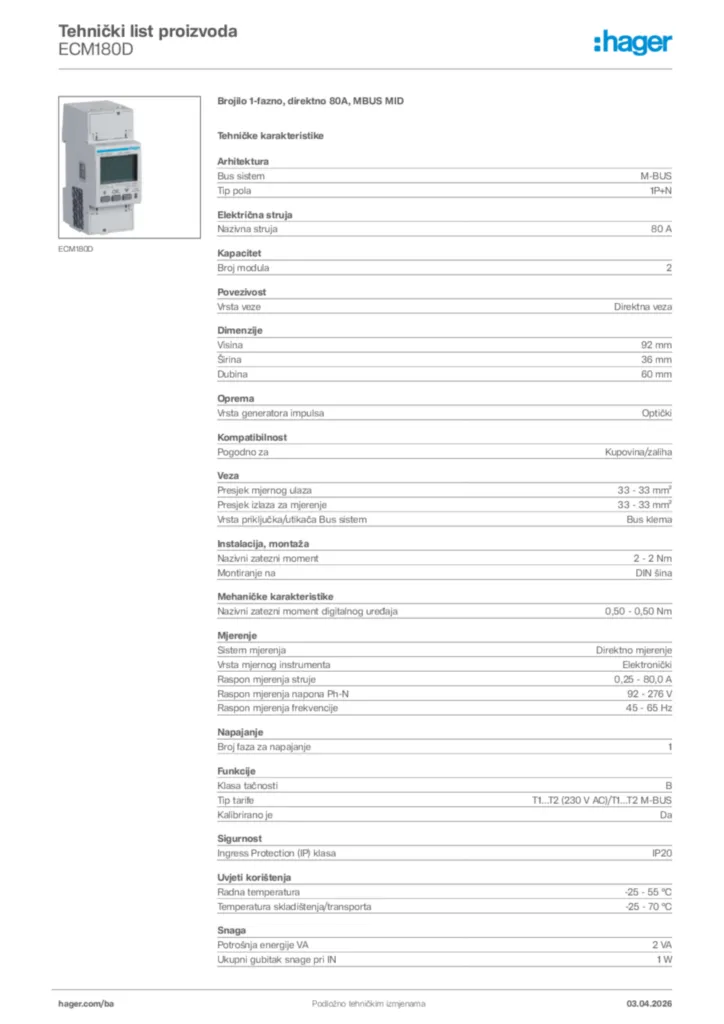 Slika Hager Tehnički list proizvoda ECM180D  | Hager