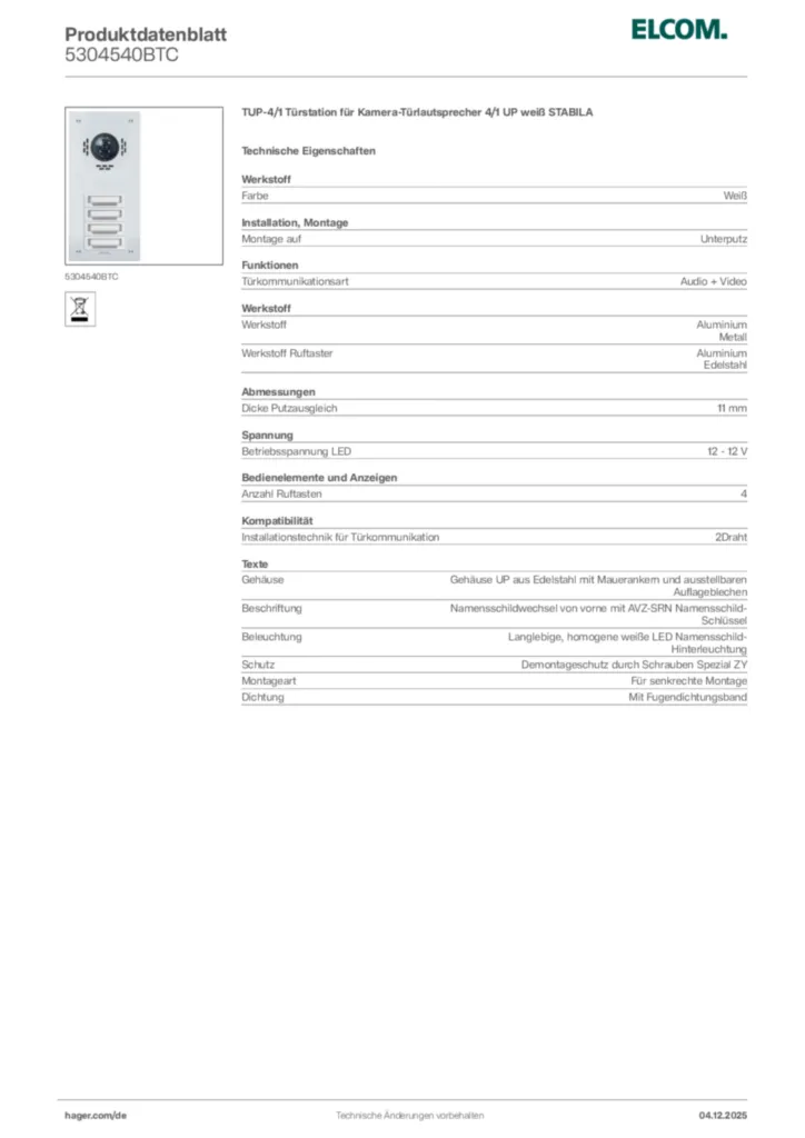 Bild Elcom Produktdatenblatt 5304540BTC | Hager Deutschland