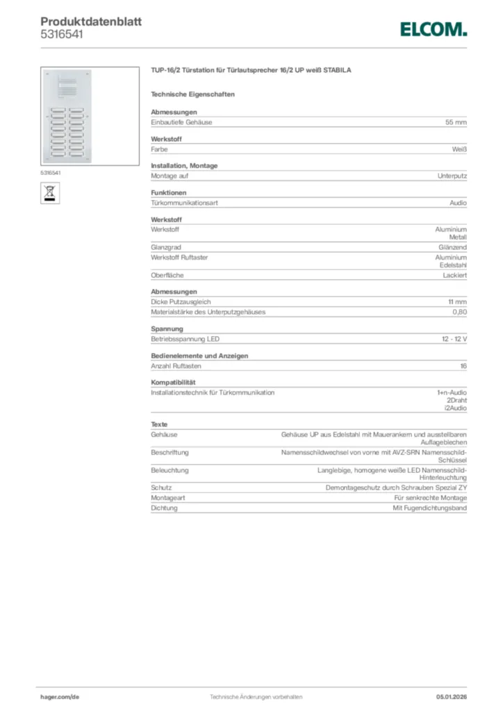 Bild Elcom Produktdatenblatt 5316541 | Hager Deutschland