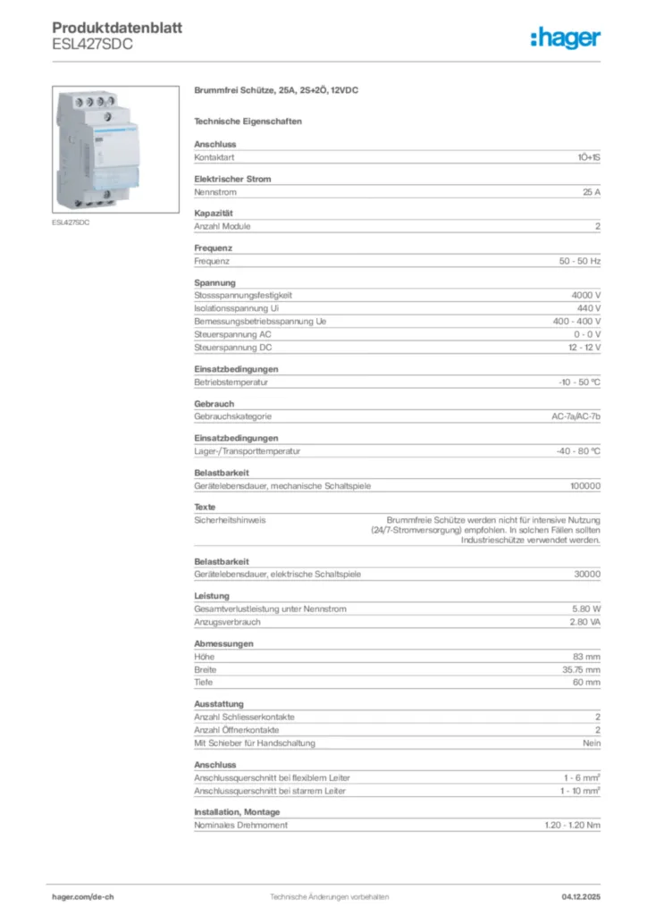 Bild Hager Produktdatenblatt ESL427SDC | Hager Schweiz