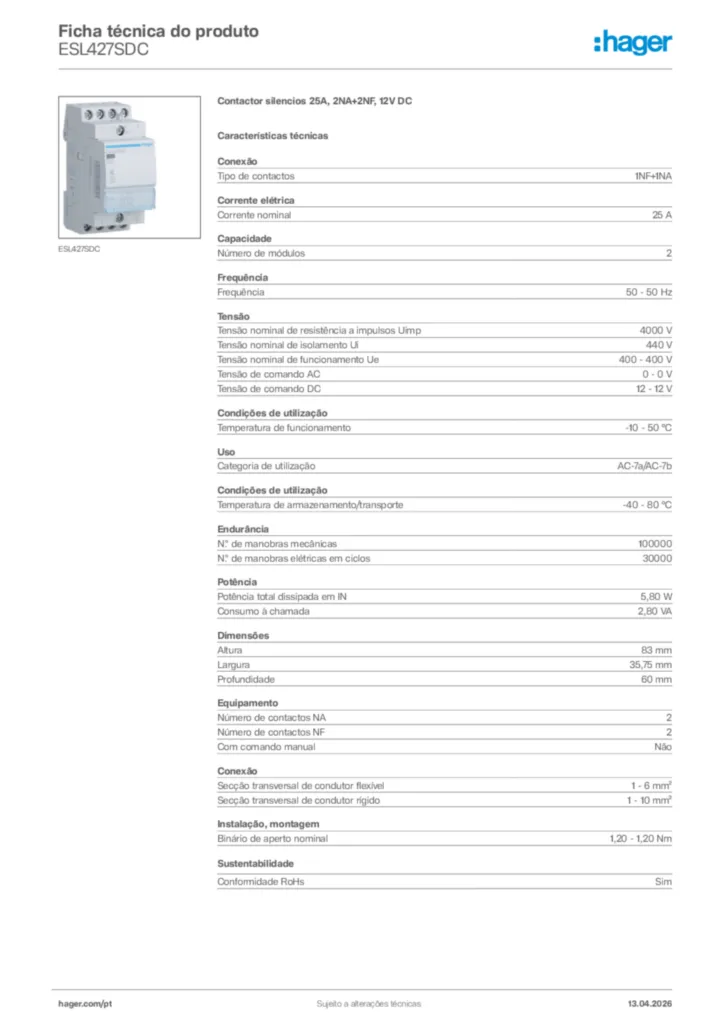 Imagem Hager Ficha técnica do produto ESL427SDC | Hager Portugal