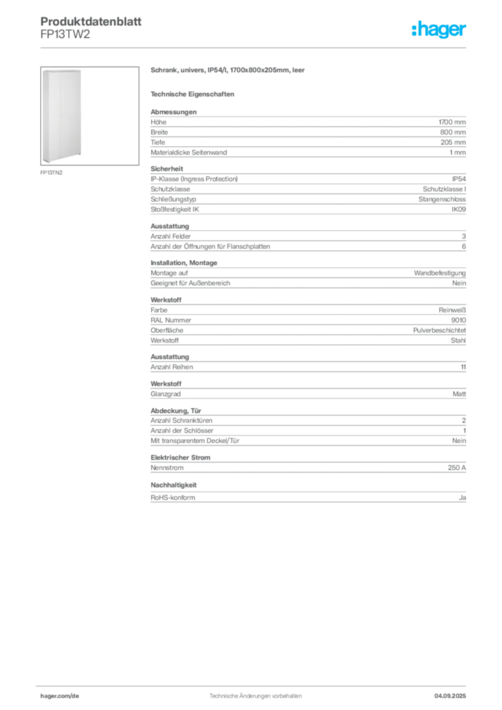 Bild Hager Produktdatenblatt FP13TW2 | Hager Deutschland