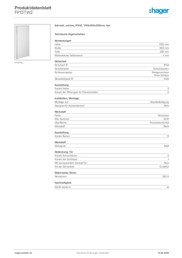 Bild Hager Produktdatenblatt FP13TW2 | Hager Schweiz