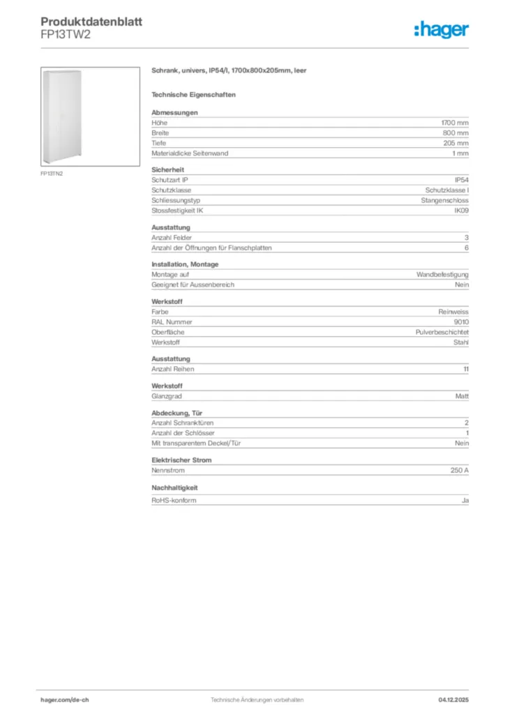Bild Hager Produktdatenblatt FP13TW2 | Hager Schweiz