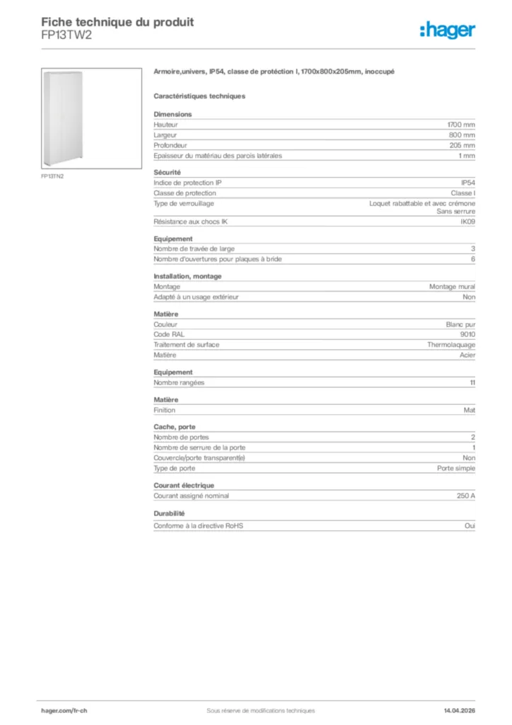 Image Hager Fiche technique du produit FP13TW2 | Hager Suisse