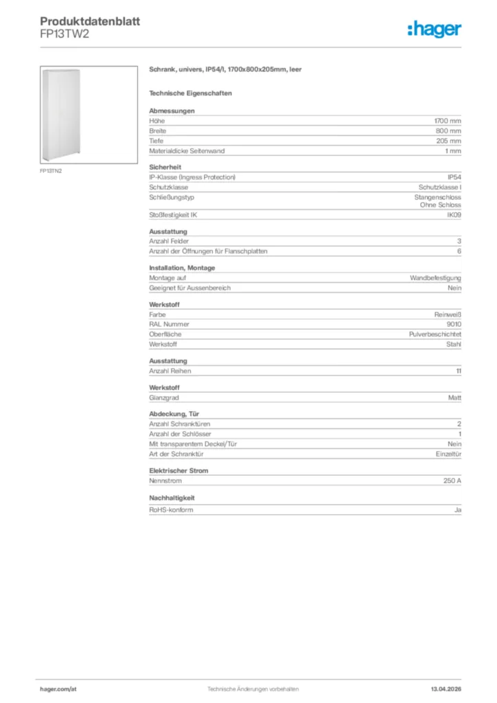 Bild Hager Produktdatenblatt FP13TW2 | Hager Deutschland