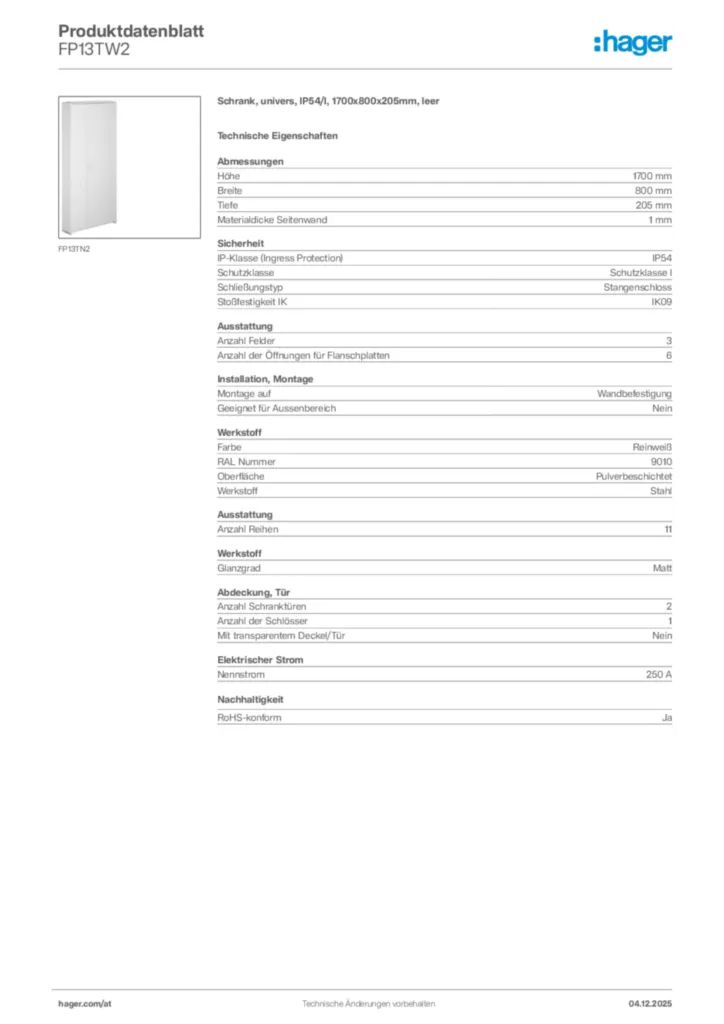 Bild Hager Produktdatenblatt FP13TW2 | Hager Deutschland