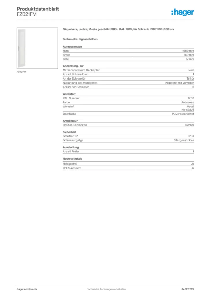 Bild Hager Produktdatenblatt FZ021FM | Hager Schweiz
