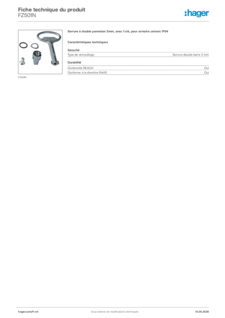 Image Hager Fiche technique du produit FZ501N | Hager Suisse