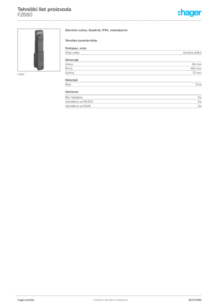 Slika Hager Product data sheet FZ680  | Hager