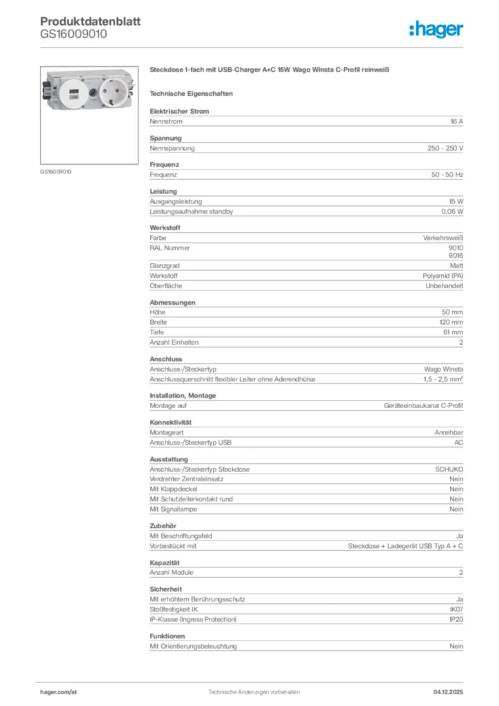 Bild Hager Produktdatenblatt GS16009010 | Hager Deutschland