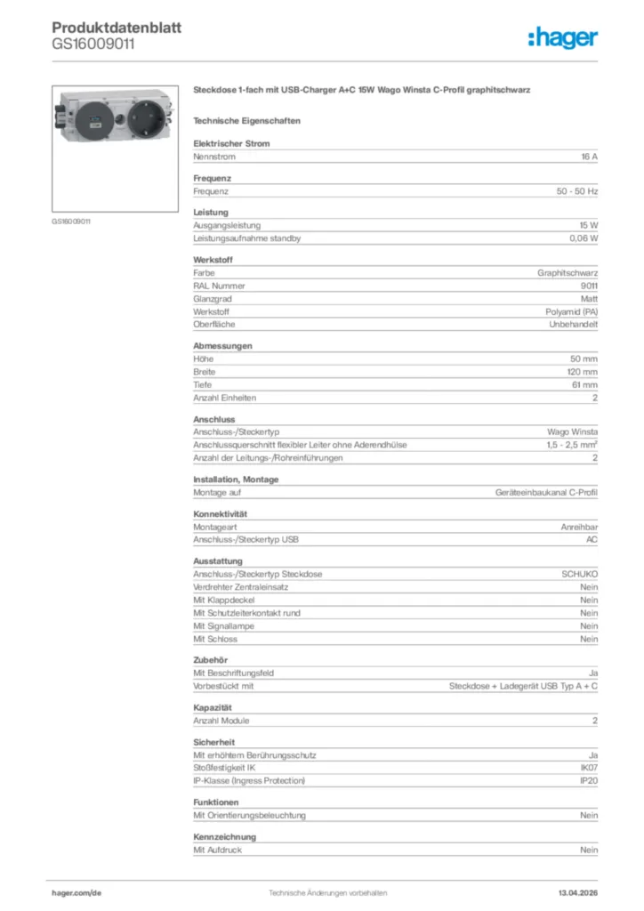Bild Hager Produktdatenblatt GS16009011 | Hager Deutschland
