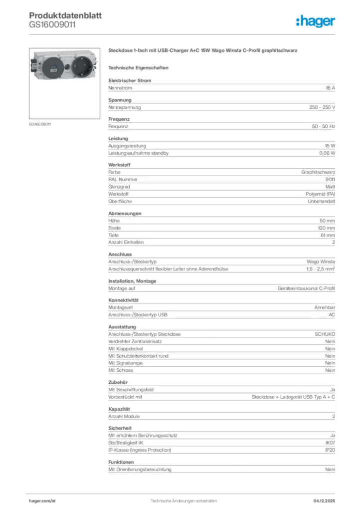 Bild Hager Produktdatenblatt GS16009011 | Hager Deutschland