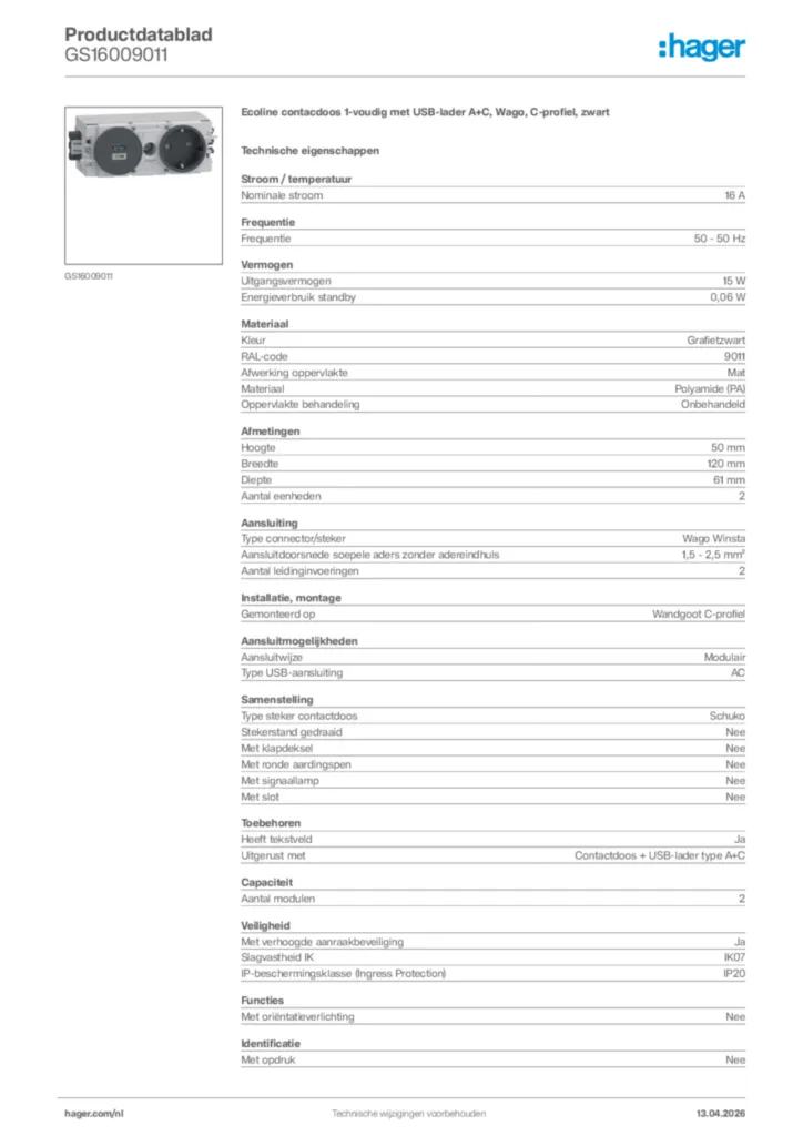 Afbeelding Hager Productdatablad GS16009011 | Hager Nederland
