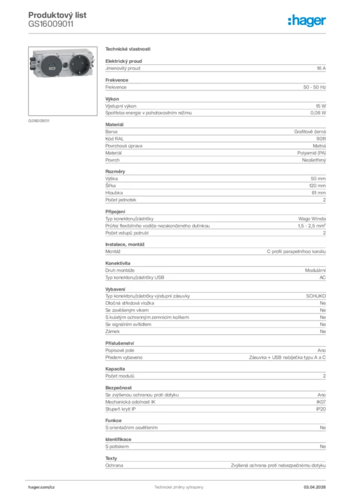 Obrázek Hager Product data sheet GS16009011 | Hager