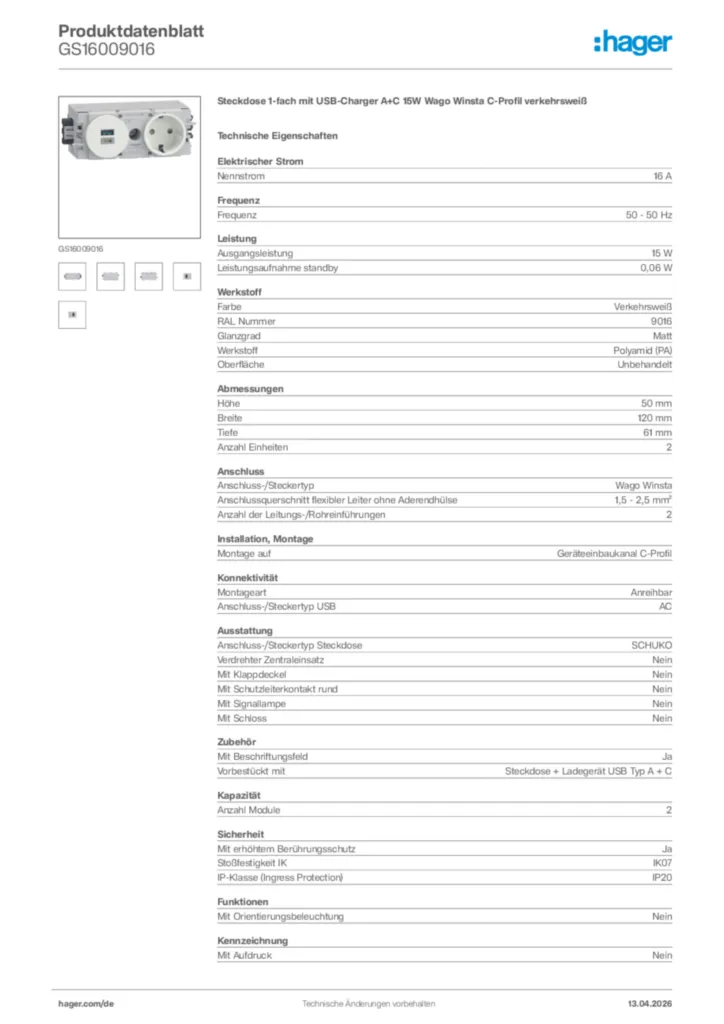Bild Hager Produktdatenblatt GS16009016 | Hager Deutschland