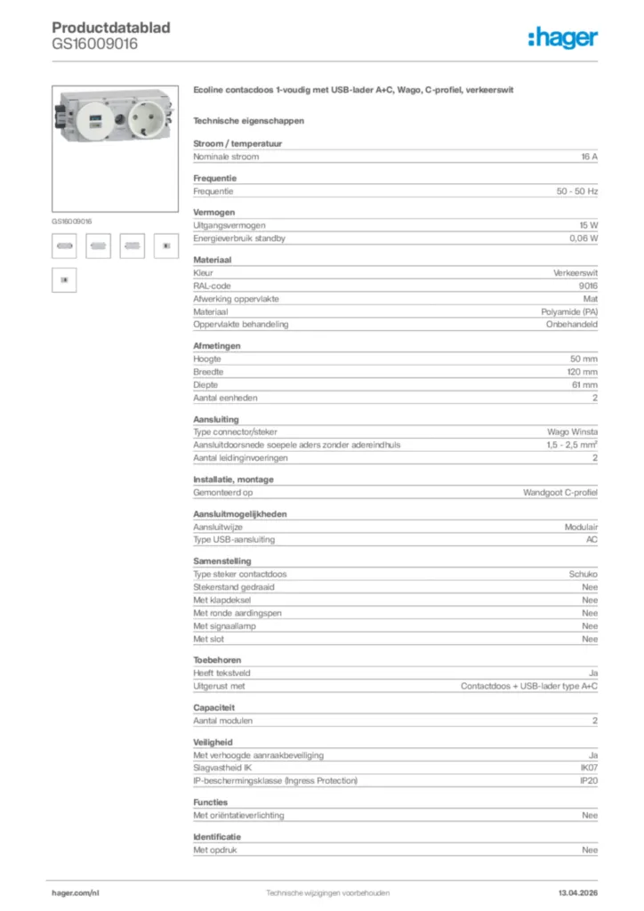 Afbeelding Hager Productdatablad GS16009016 | Hager Nederland