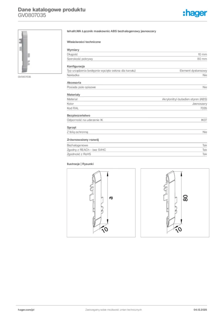 Zdjęcie Hager Dane katalogowe produktu GV0807035 | Hager Polska