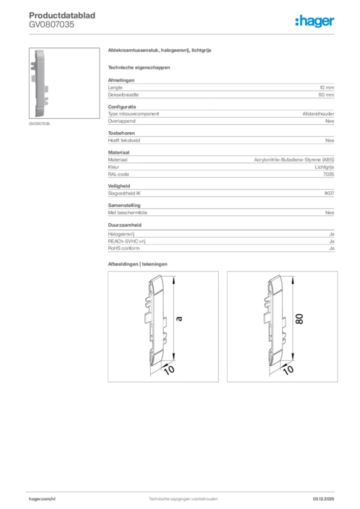 Afbeelding Hager Productdatablad GV0807035 | Hager Nederland