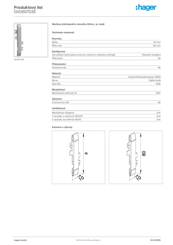Obrázek Hager Product data sheet GV0807035 | Hager
