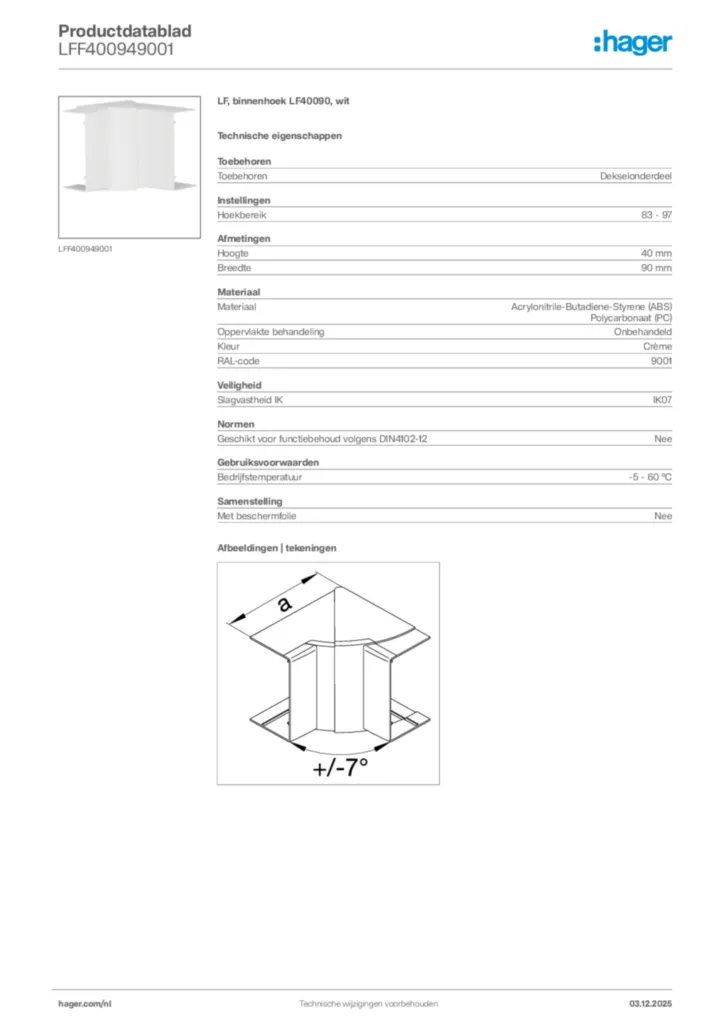Afbeelding Hager Productdatablad LFF400949001 | Hager Nederland