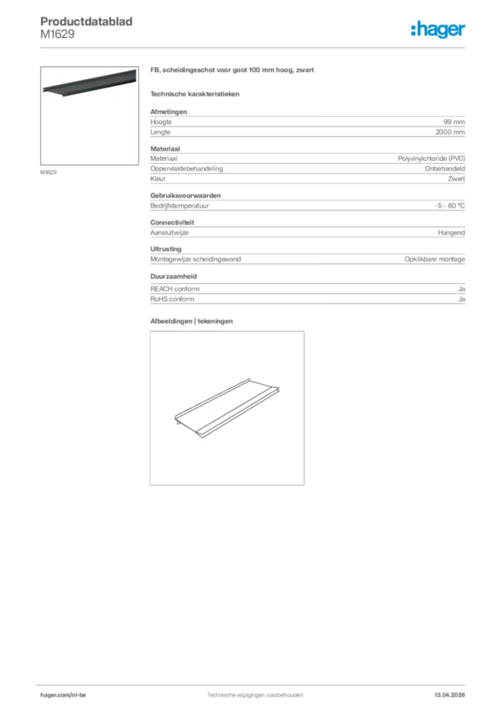 Afbeelding Hager Productdatablad M1629 | Hager Belgium