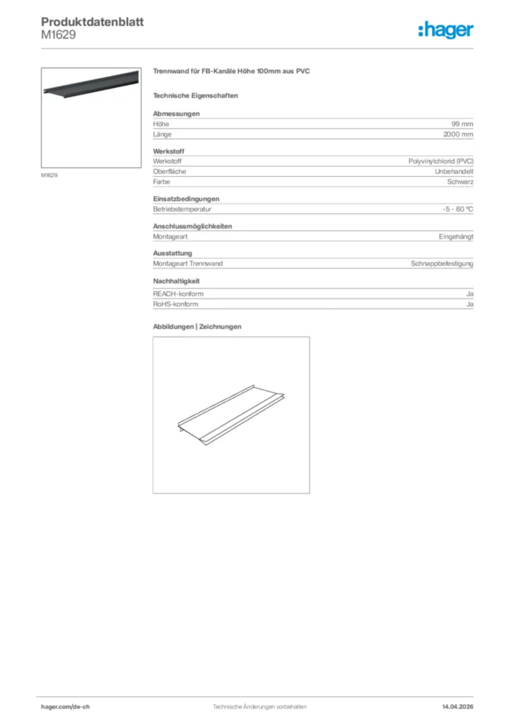 Bild Hager Produktdatenblatt M1629 | Hager Schweiz
