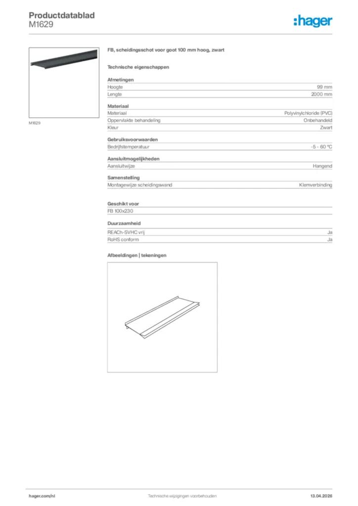 Afbeelding Hager Productdatablad M1629 | Hager Nederland