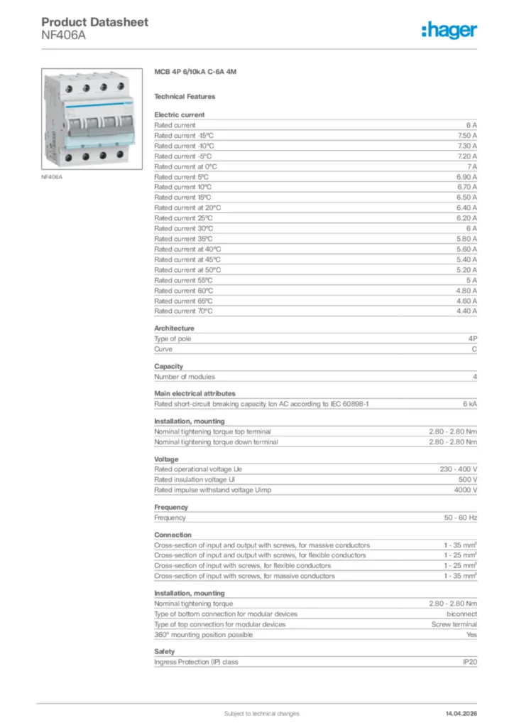 Image Hager Product data sheet NF406A  | Hager Africa