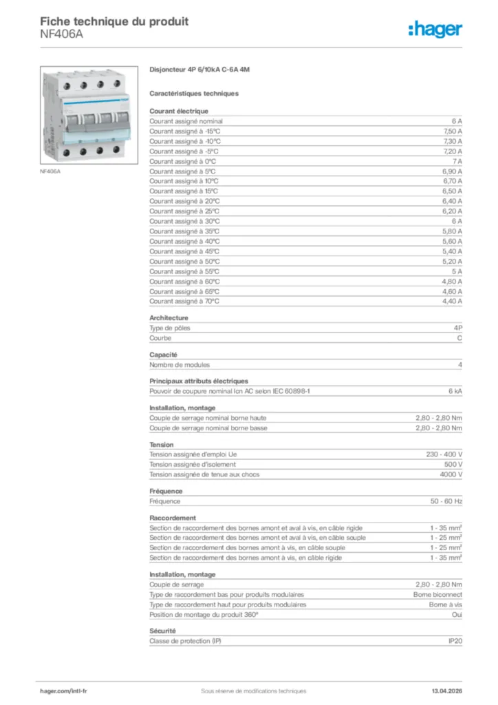 Image Hager Fiche technique du produit NF406A | Hager Afrique